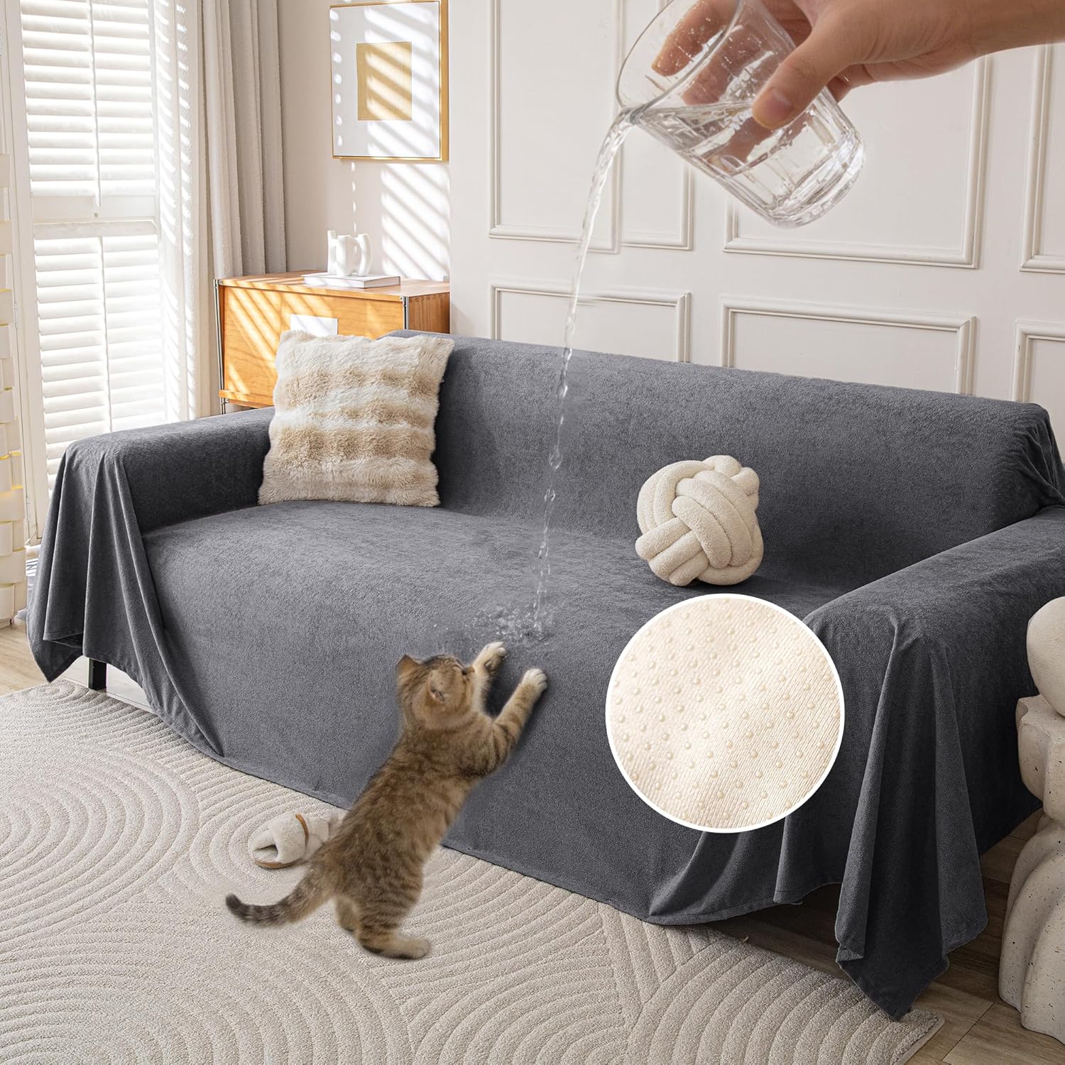 Waterproof Couch Covers for 4 Cushion, Non Slip Cat-Scratch Resistant Sofa Couch Covers for Dogs, L Shape Sectional Protectors Slipcovers, Large Furniture Covers for Pets, 91 x 150, Grey