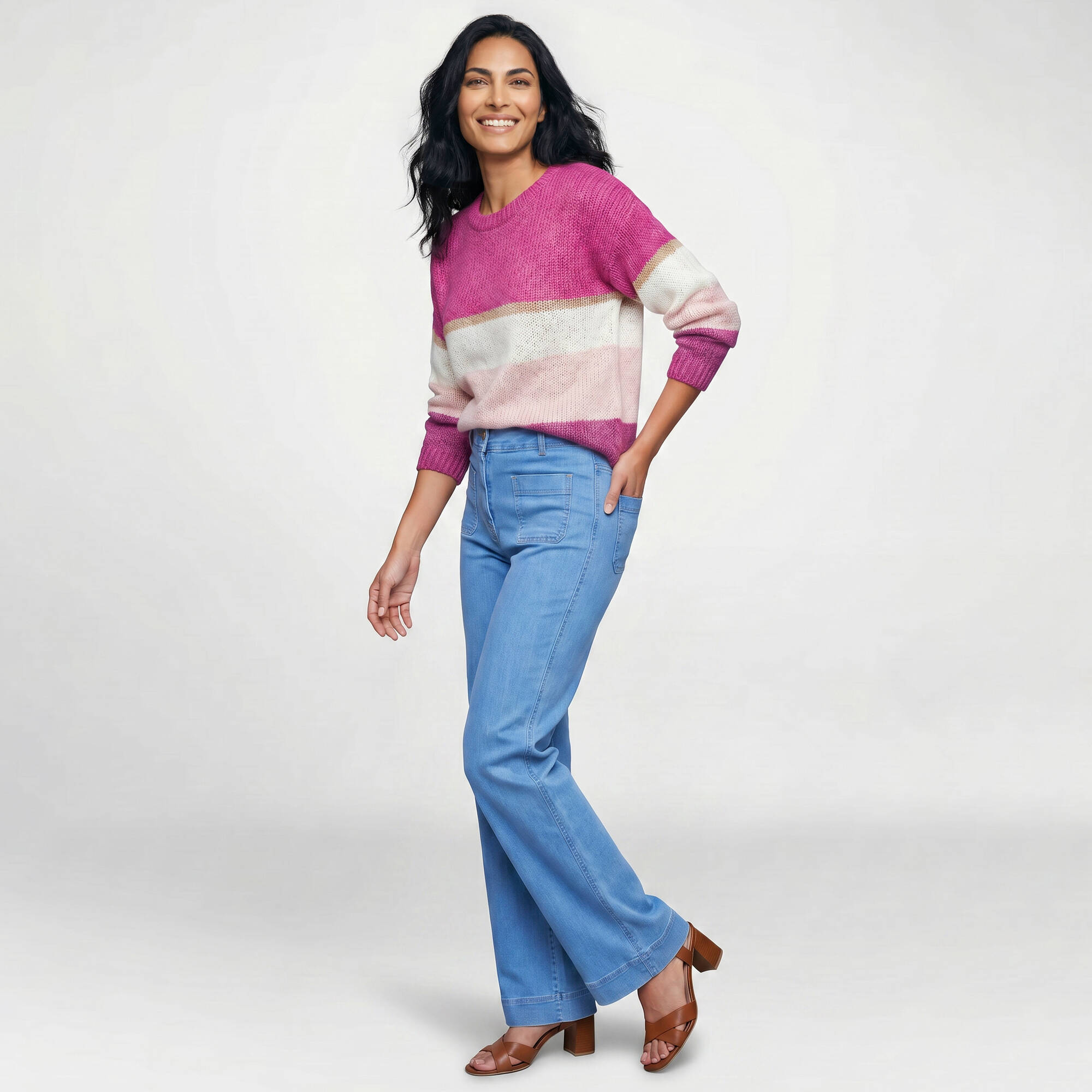 Pull col rond rayé, toucher doux