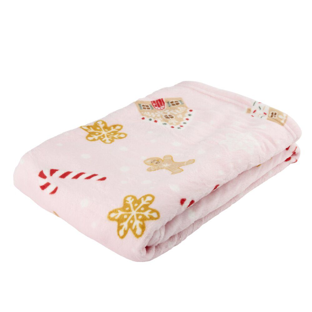 Plaid No&euml;l imprimé gourmandises polyester L160X130 cm rose