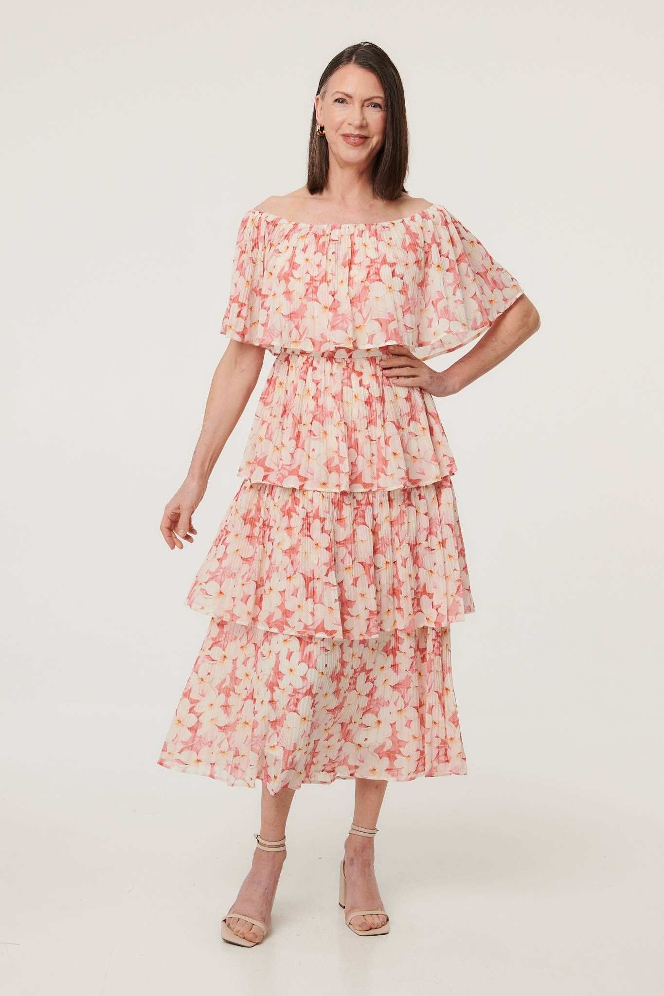 Izabel London Floral Texture Tiered Midi Dress