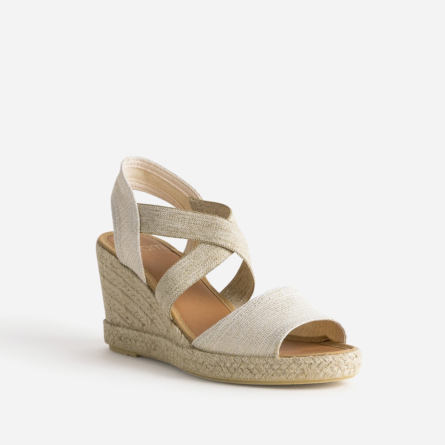 Sandale compensée beige dorée textile en cuir éco-conçu