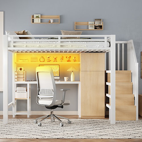 Lit mezzanine en métal 140x200 cm - éclairage LED - Bureau et penderie intégrés - étagères et échelle de rangement - MDF - Blanc