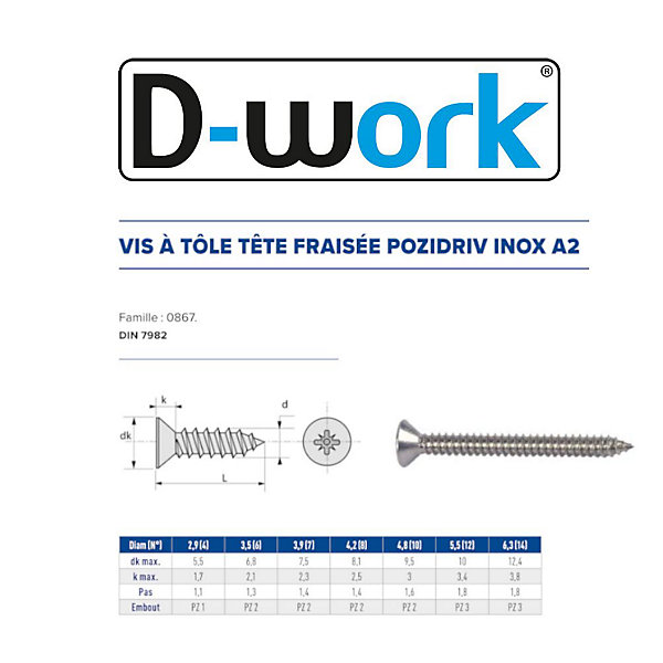 200 Vis à Tôle Tête Fraisée Pozidriv 3.5 x 31.7 mm - DIN 7982 - Inox A2 - D-Work