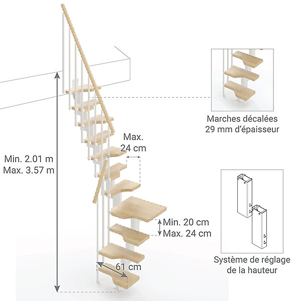 Escalier 1 quart tournant 12 marches - Hauteur à franchir de 2.61 à 3.09m - Largeur 61cm - Couleur naturel et blanc -