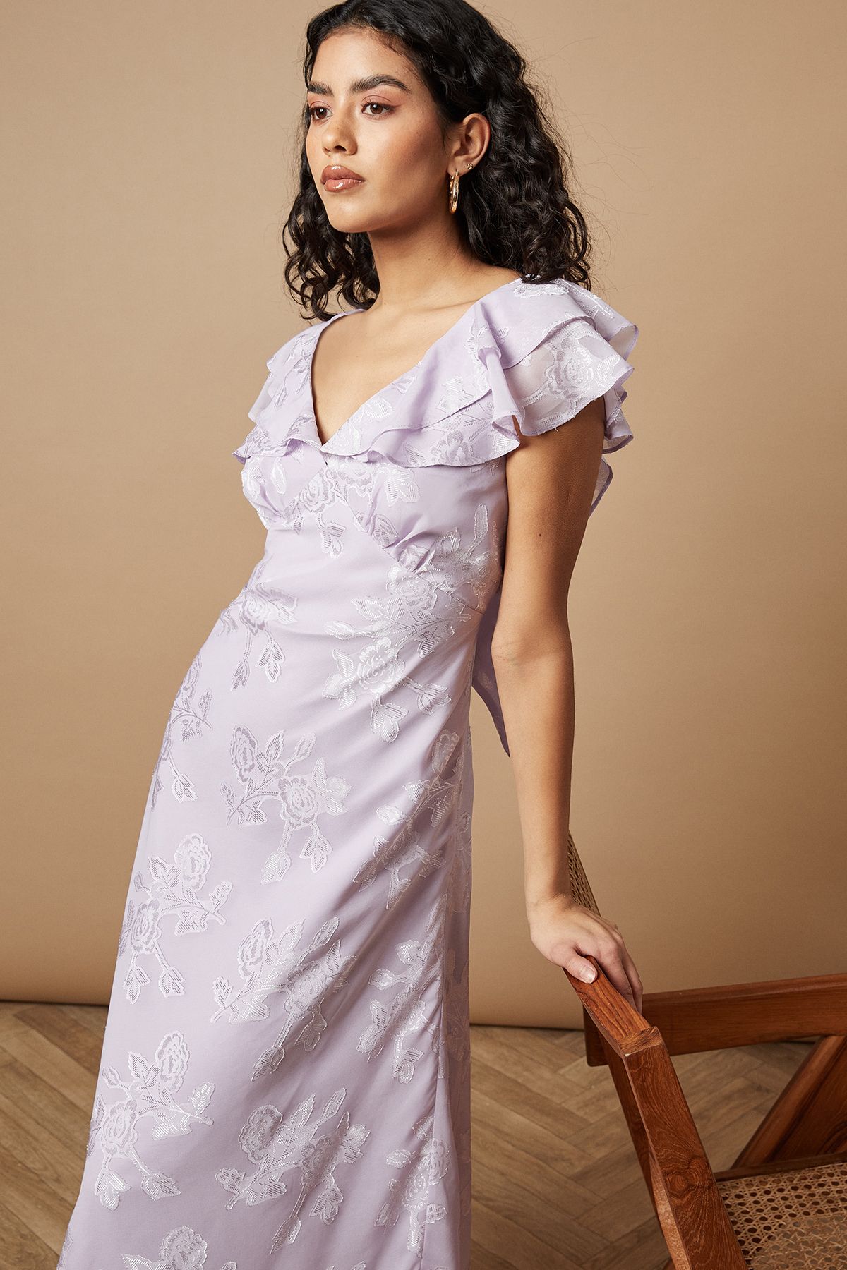 Oasis Petite Plain Satin Burnout Ruffle Midi Dress