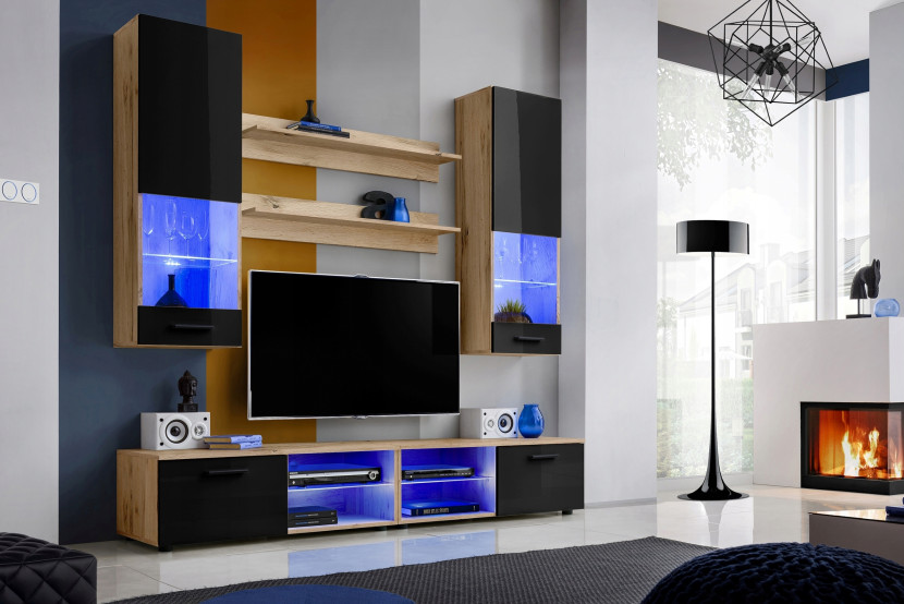 Pan Igiełka - Zestaw Mebli Komplet - Meblościanka RTV z Witrynami LED RGB