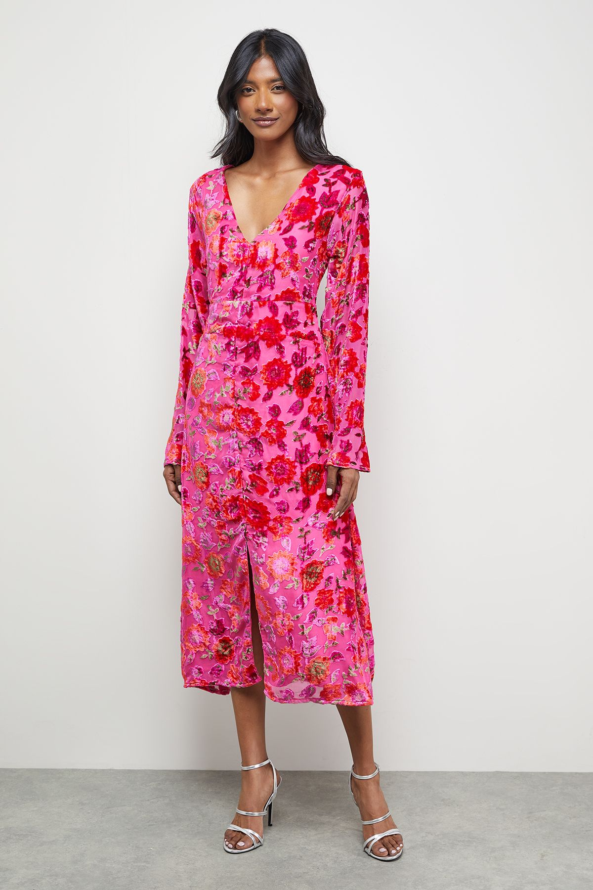 Warehouse Devore Plunge Neck Waisted Midi Dress