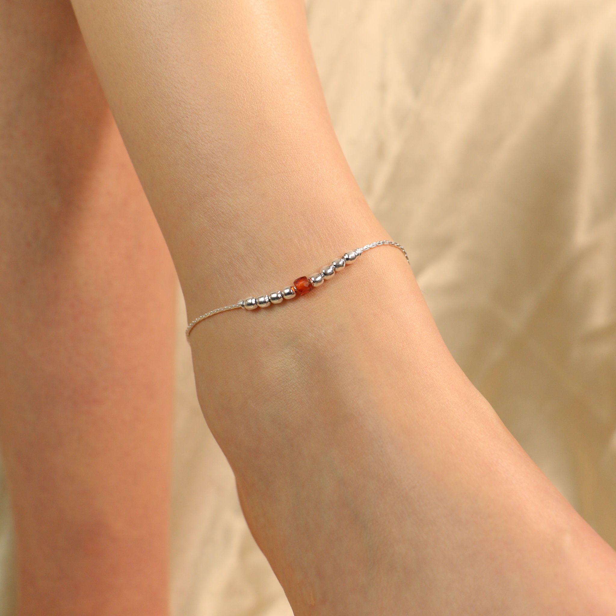 The Colourful Aura 925 Silver Orange Silver Round Ball Thin Payal Anklet