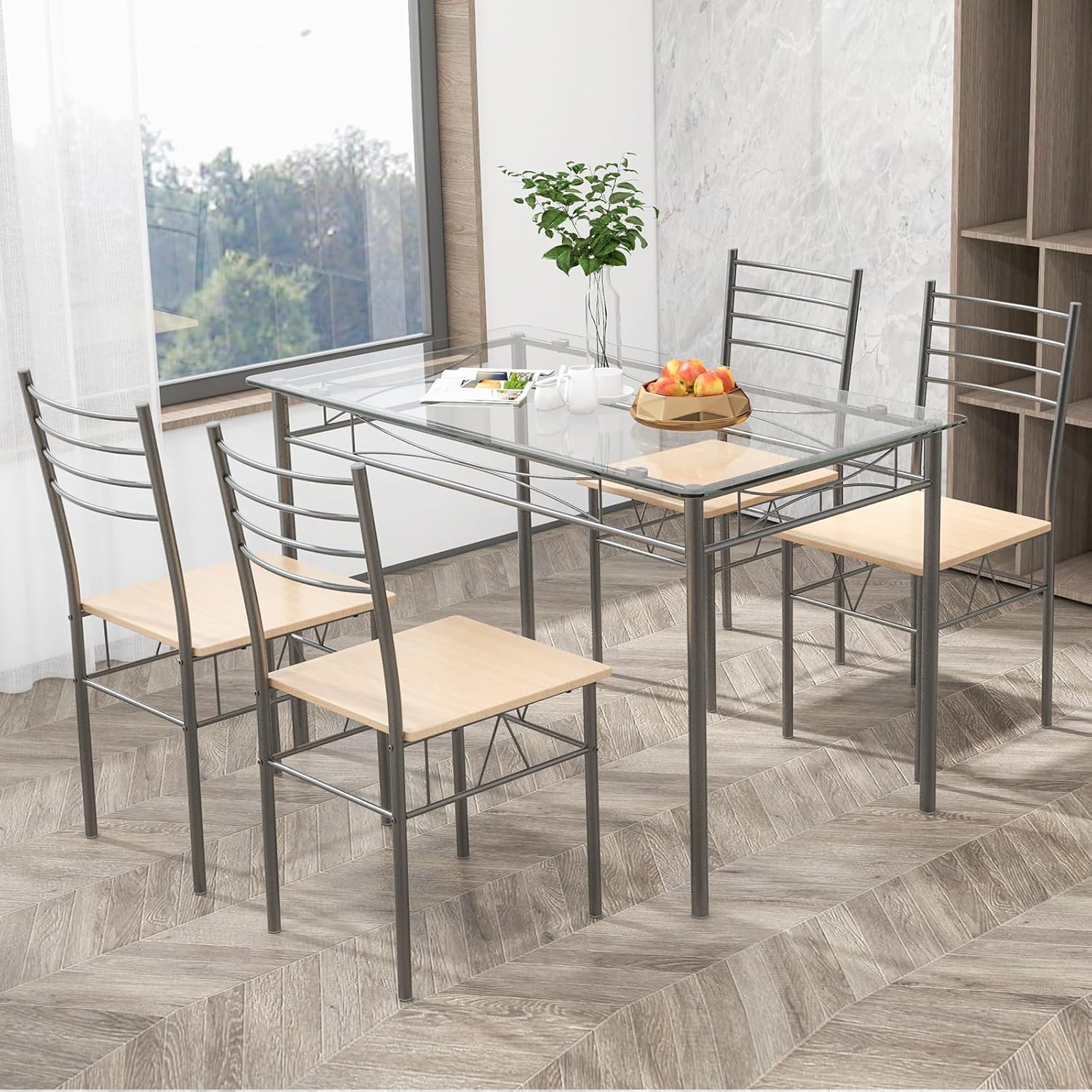Giantex 5 Piece Dining Table Set, Kitchen Dining Set with Tempered Glass Table Top and 4 Chairs, Dinette Set for 4 for Breakfast Nook Dining Room Kitchen (Transparent)
