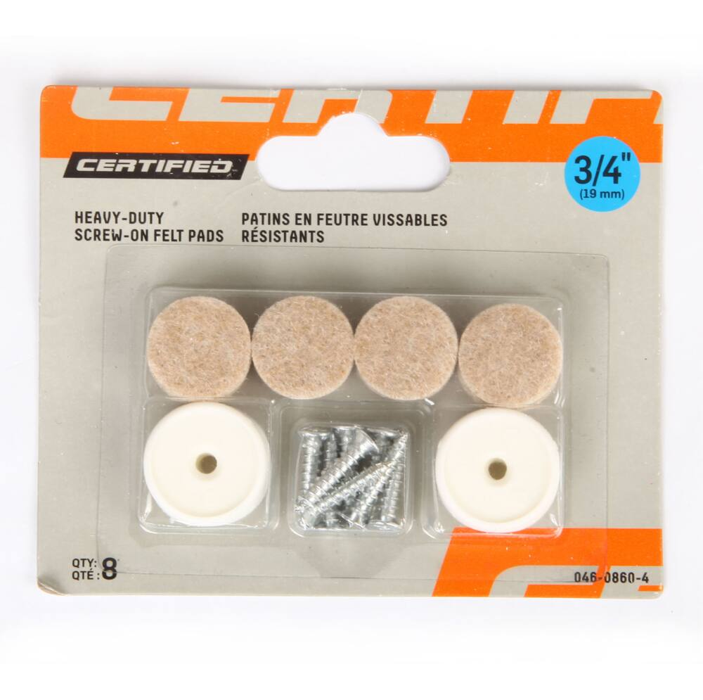 Screw-On Heavy Duty Felt Pads, Screw-On Nylon Discs, 3/4-in, Beige, 8-pc