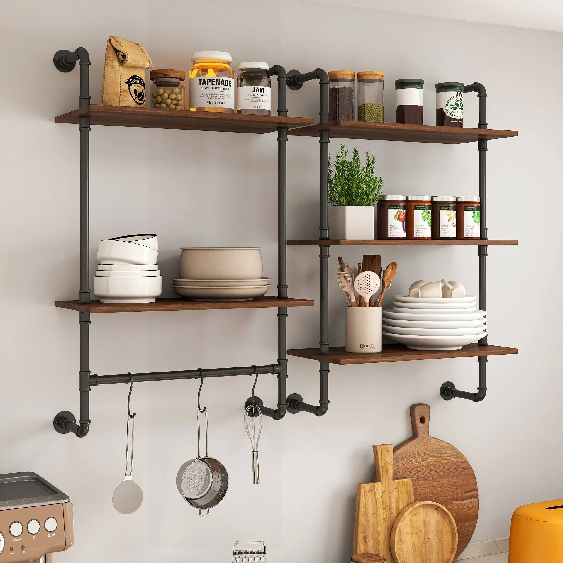 Versatile Industrial Pipe Shelf with Multiple Tiers and Hooks for Various Spaces