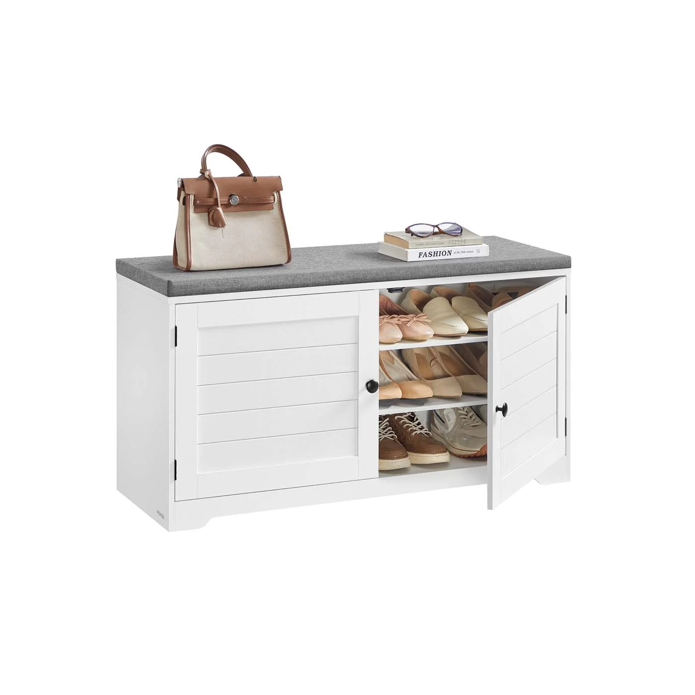 Banc à chaussures avec portes coussin et étagères réglables