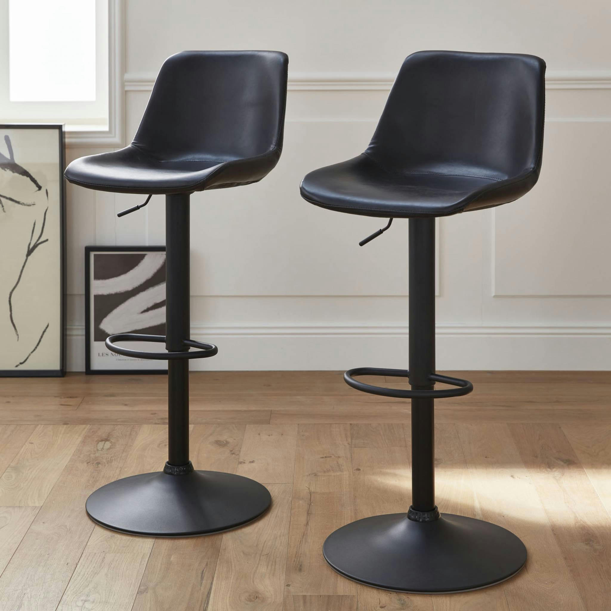 NOAH - Lot de 2 tabourets de bar réglables, simili cuir noir