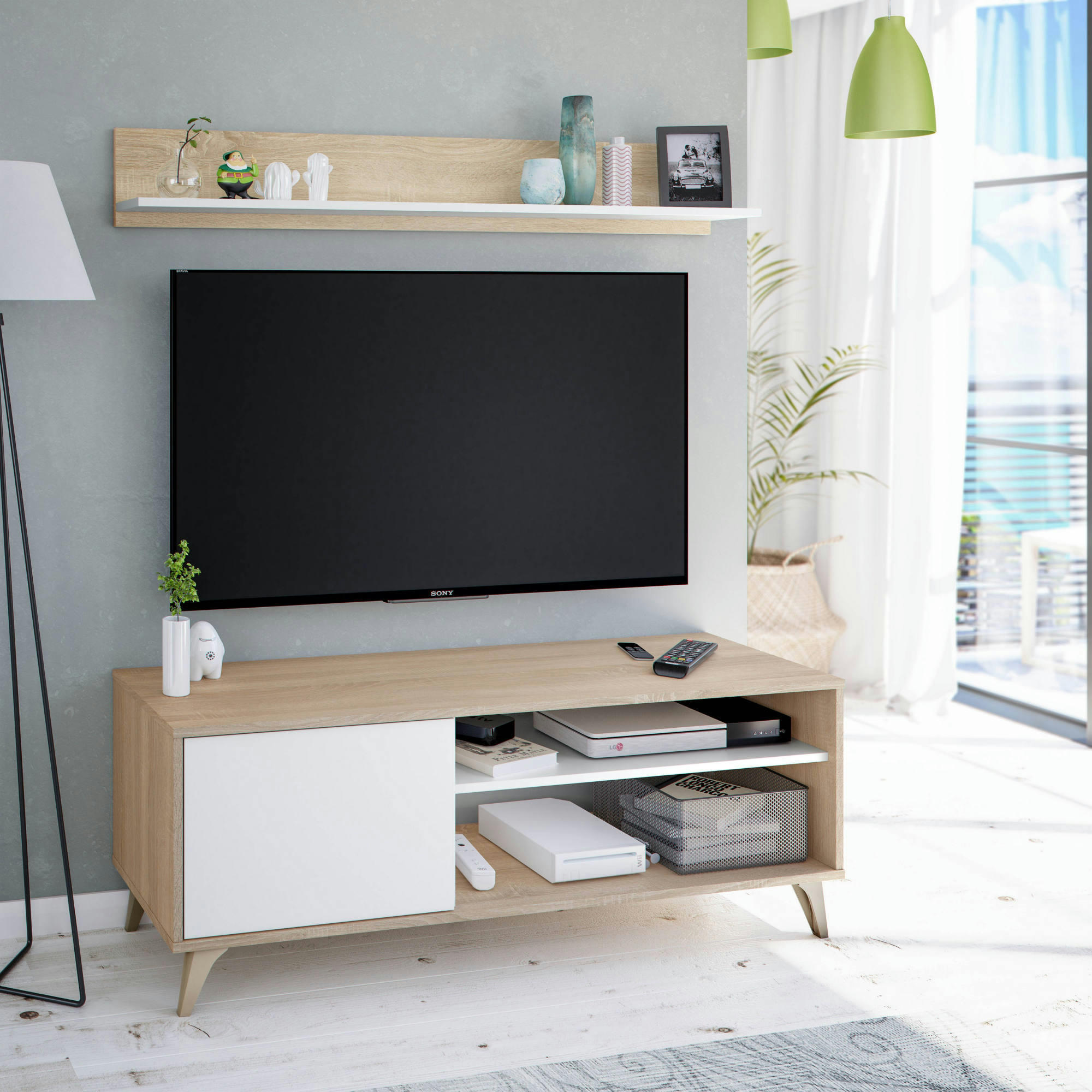 MESA - Meuble TV avec 1 porte effet bois chêne