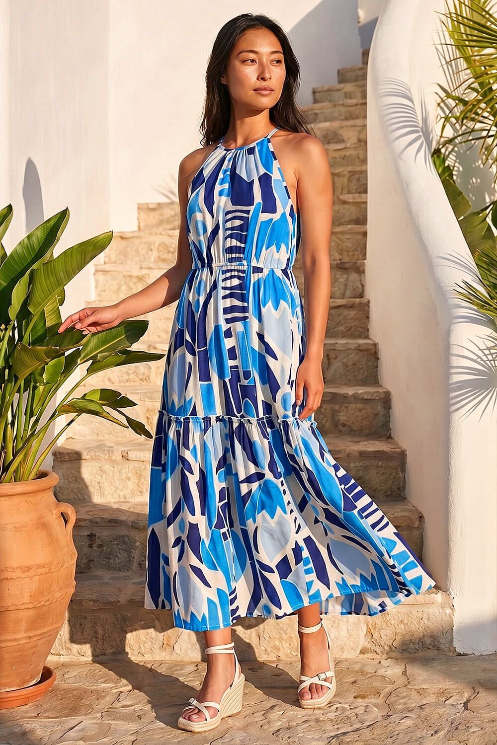 Roman Petite Print Tiered Hem Maxi Dress
