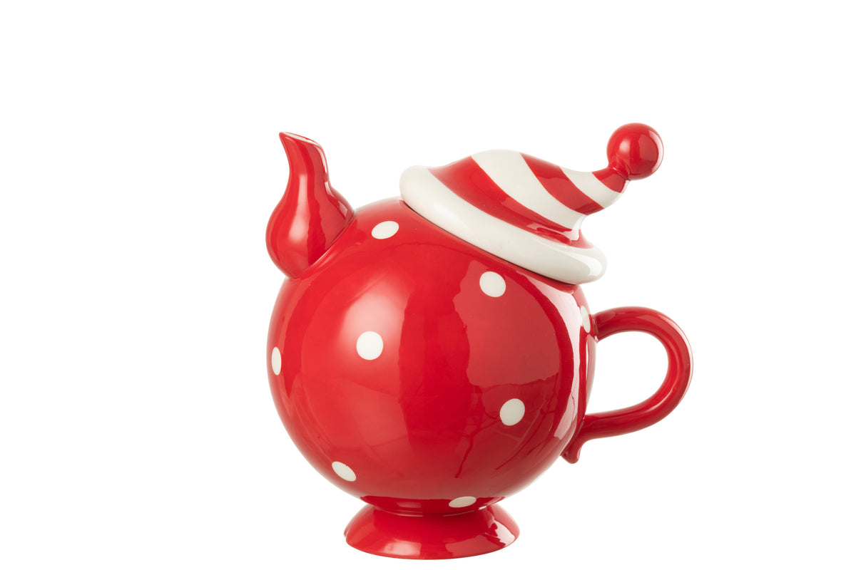 J-Line theepot Kerstmuts Dolomiet - keramiek - kerstrood/wit