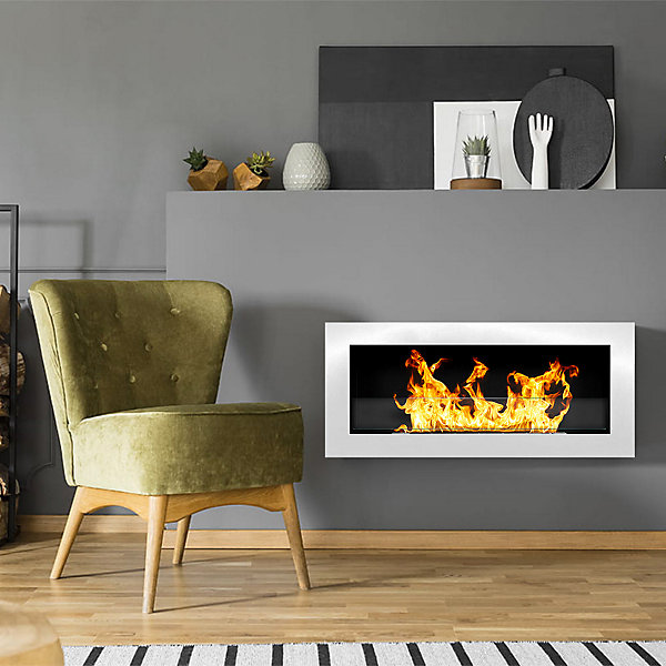 Cheminée à bioéthanol murale ou encastrable LivourneWhite, L 90xP 12xH 40 cm avec vitre