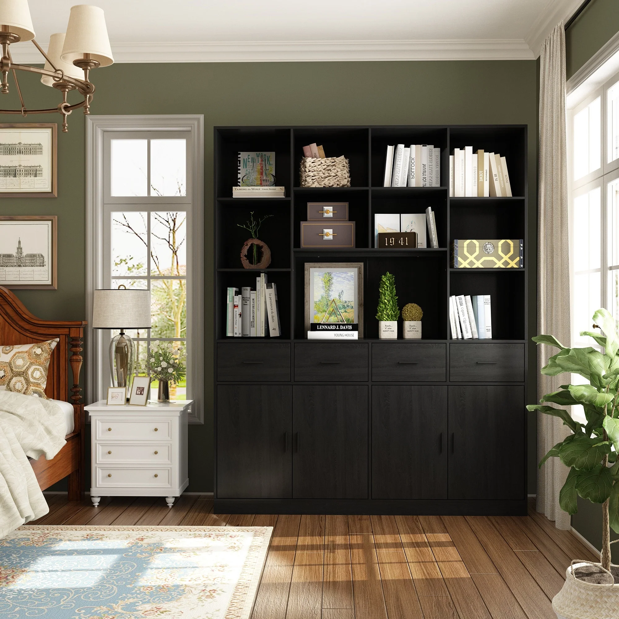 Bookshelf Bookcase with 4 Doors,4 Drawers & Storage Shelve,Black - 78.7H