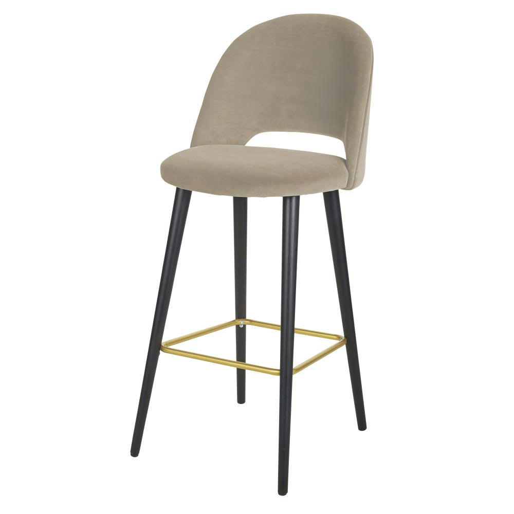 Isys - Chaise de bar en velours beige cappuccino et pieds en bois de frêne noir et métal doré H82