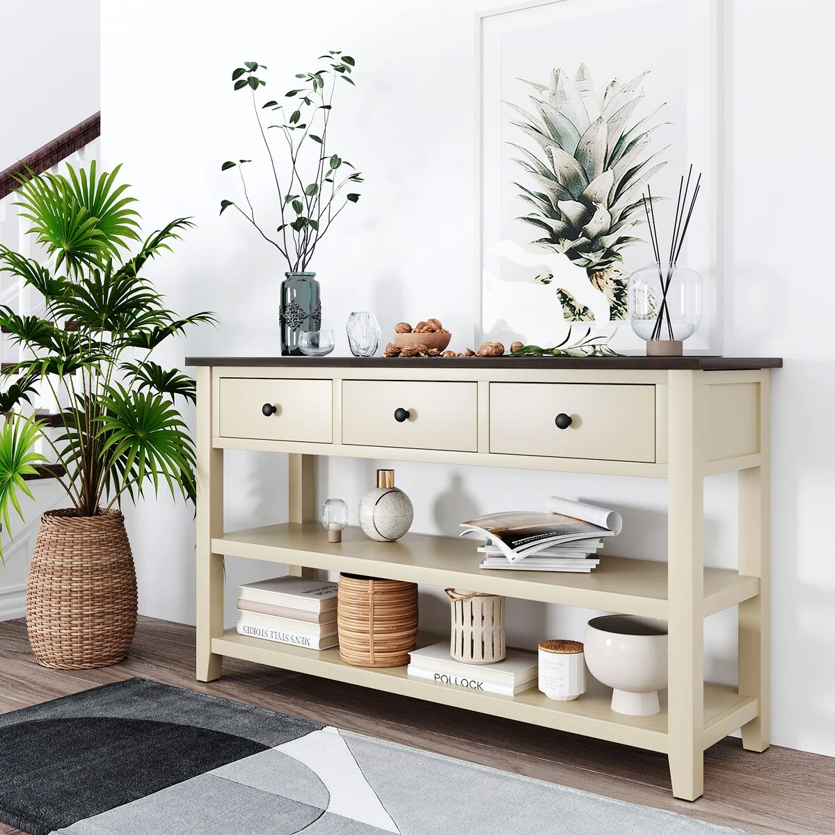 Pine Solid Wood Console Table with Two Open Shelves