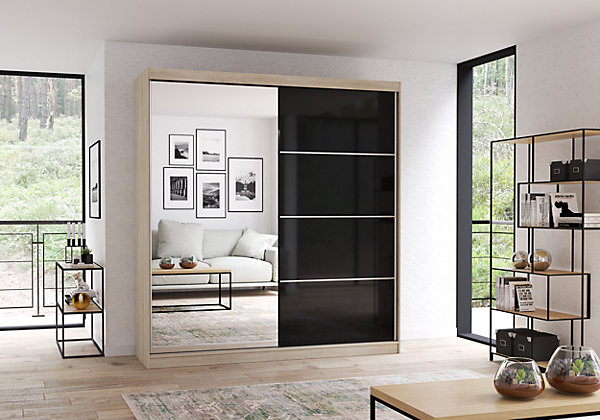 Armoire Calypso 203 cm avec miroir - Chêne - Noir