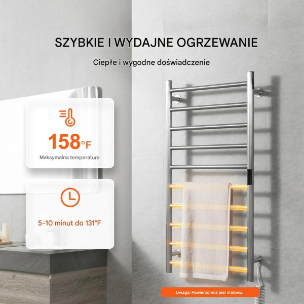 Grzejnik ręcznikowy 10-prętowy srebrny ścienny timer regulacja — łazienka