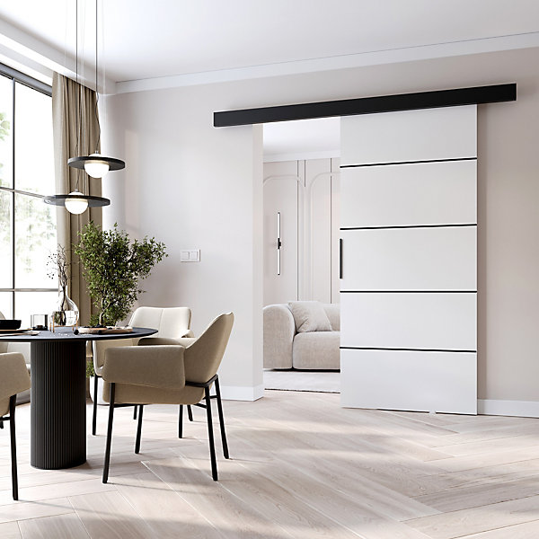 MINIO go for it, porte coulissante PRIM 1K 106 cm, Baguette décorative, panneau supérieur, poignée de porte en noir, Blanc / Noir