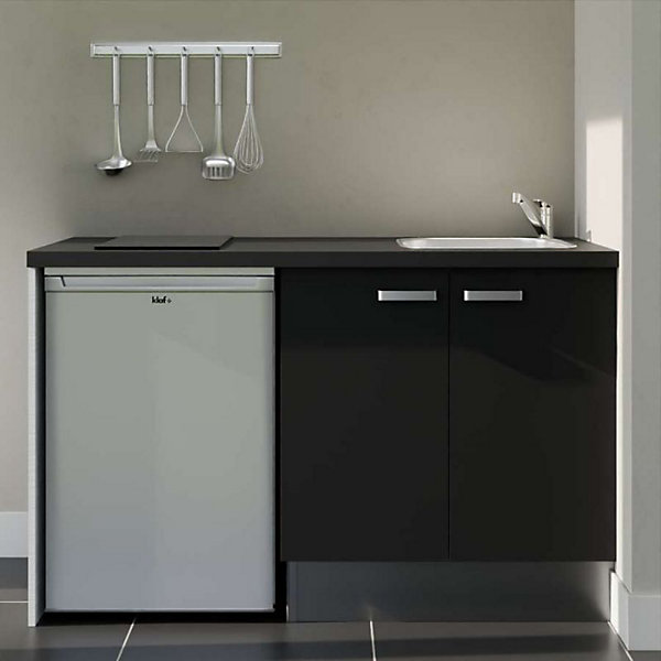 Kitchenette K17 façades Noir - Plan de travail Noir texturé - Crédences : Non - Evier inox - Electroménager Inox inclus