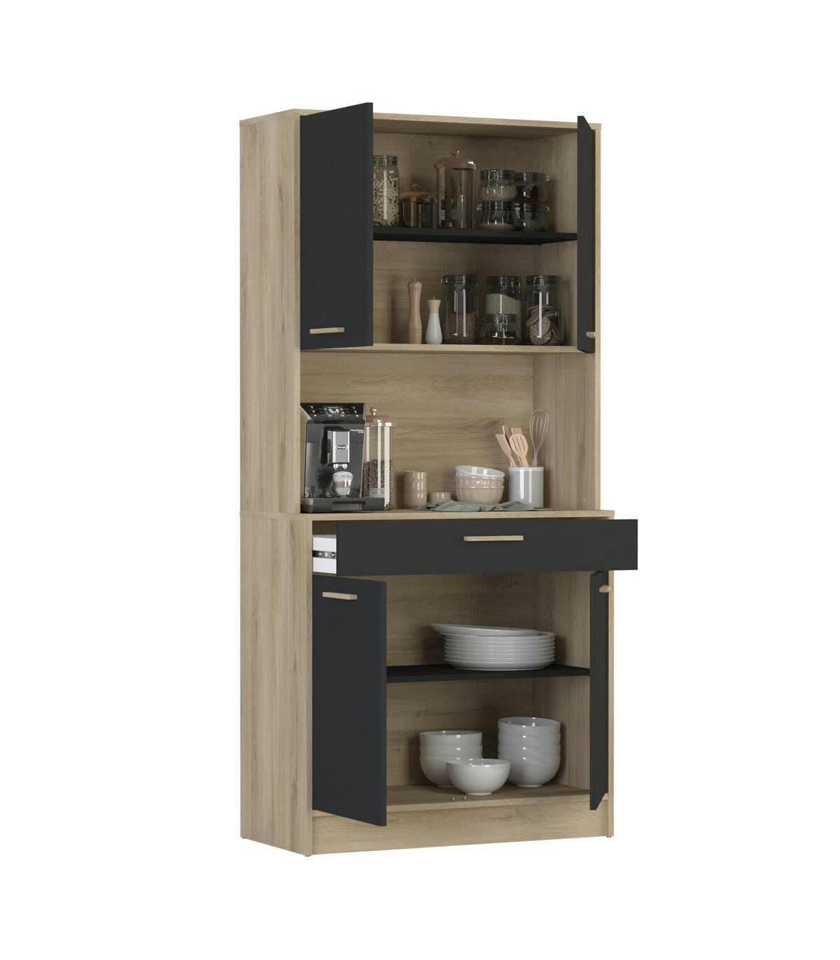 DOLCE - Buffet haut 4 portes 1 tiroir décor bois et gris - L83 x H176 cm