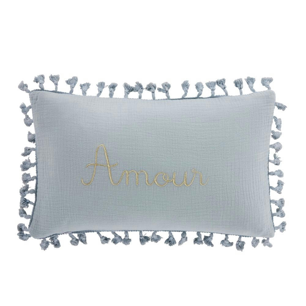 ANTWERP - Coussin en gaze de coton bio bleu et doré à pompons 25x40