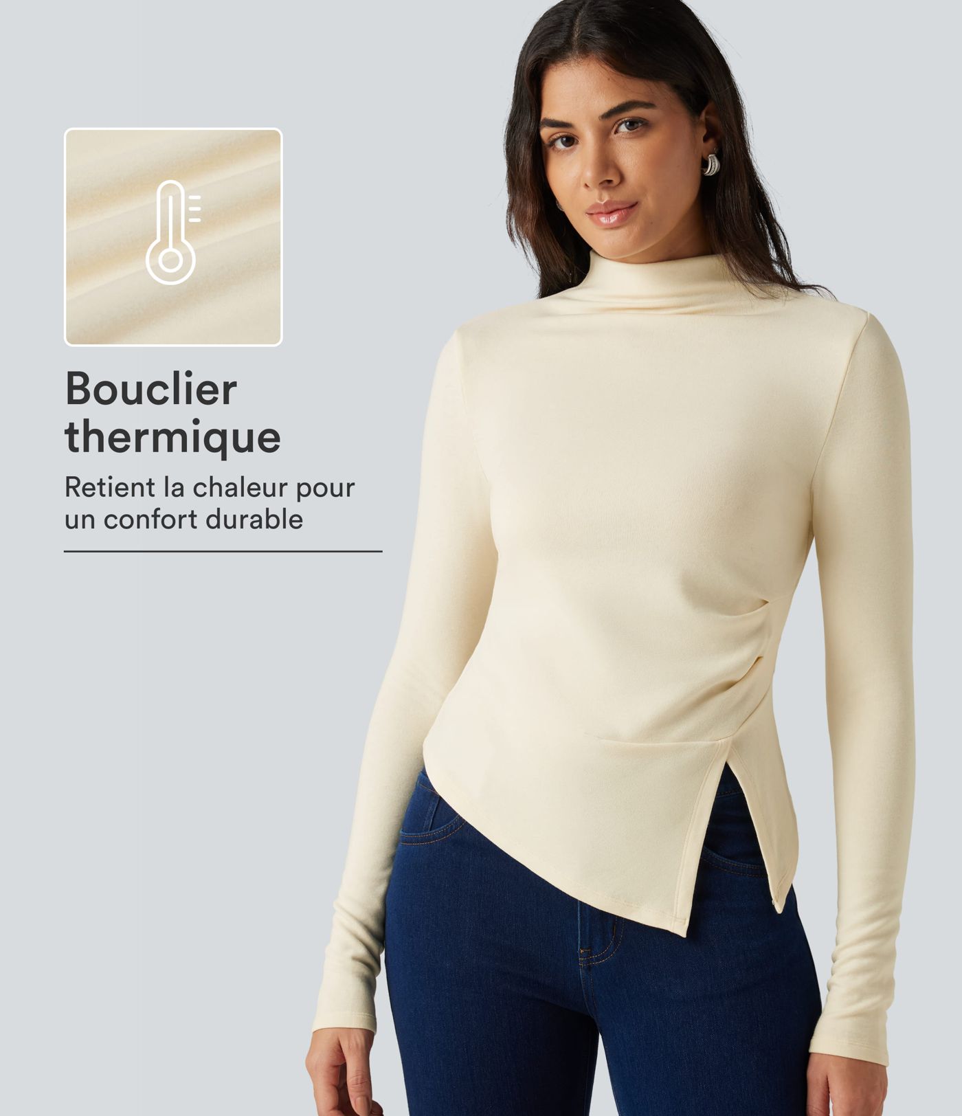 T-shirt thermique à col montant, manches longues et ourlet asymétrique