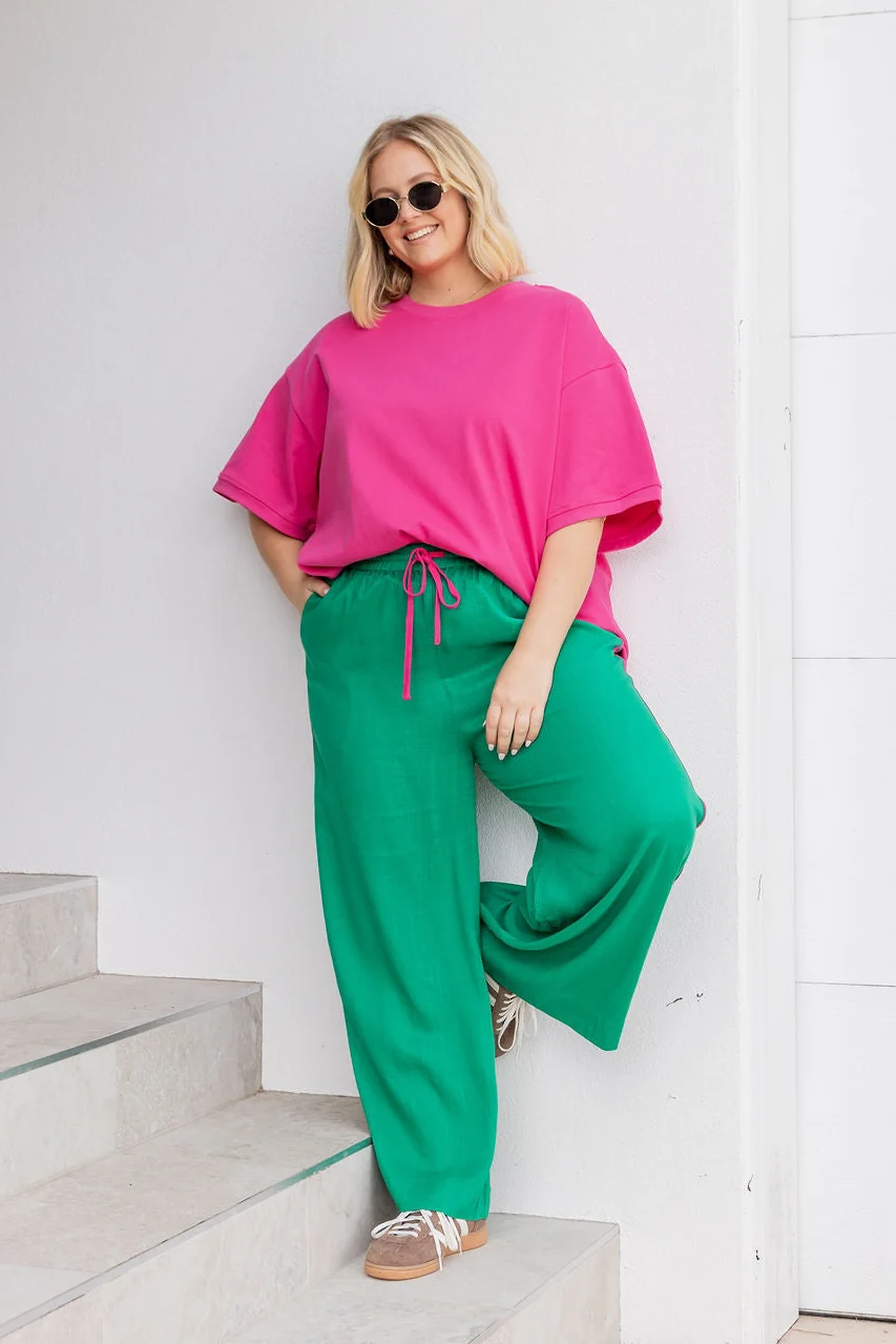 Side Stripe Linen Blend Pants in Green/Pink