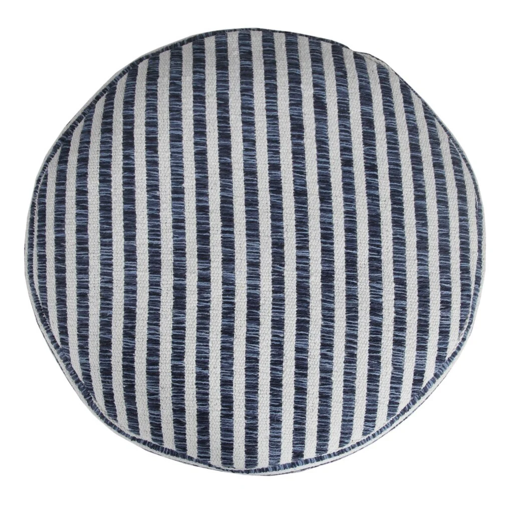 18 Inch Blue Cotton Striped Pouf Ottoman for Living Room and Bedroom