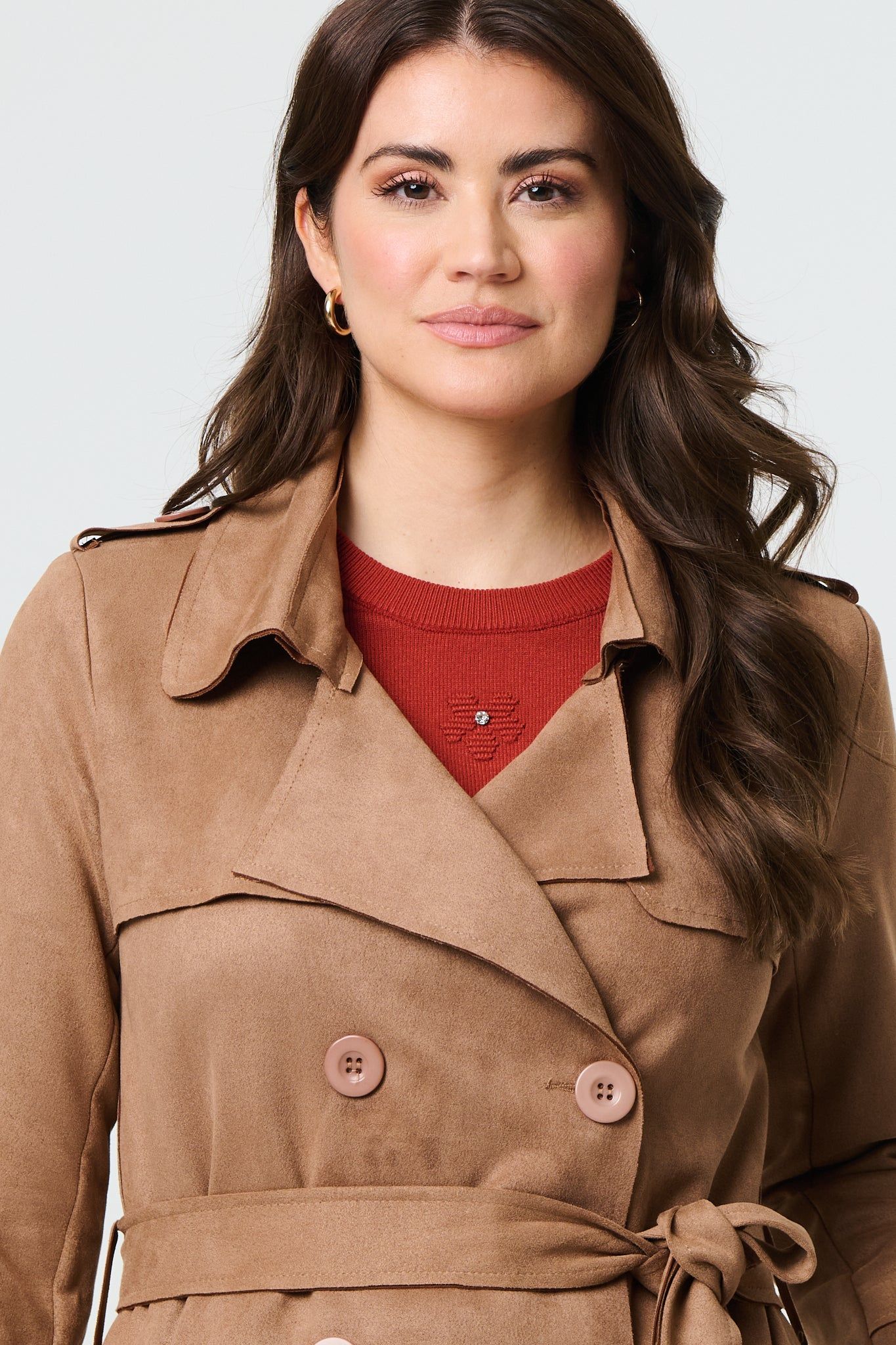 Izabel London Suede Tie Waist Button Front Trench Coat