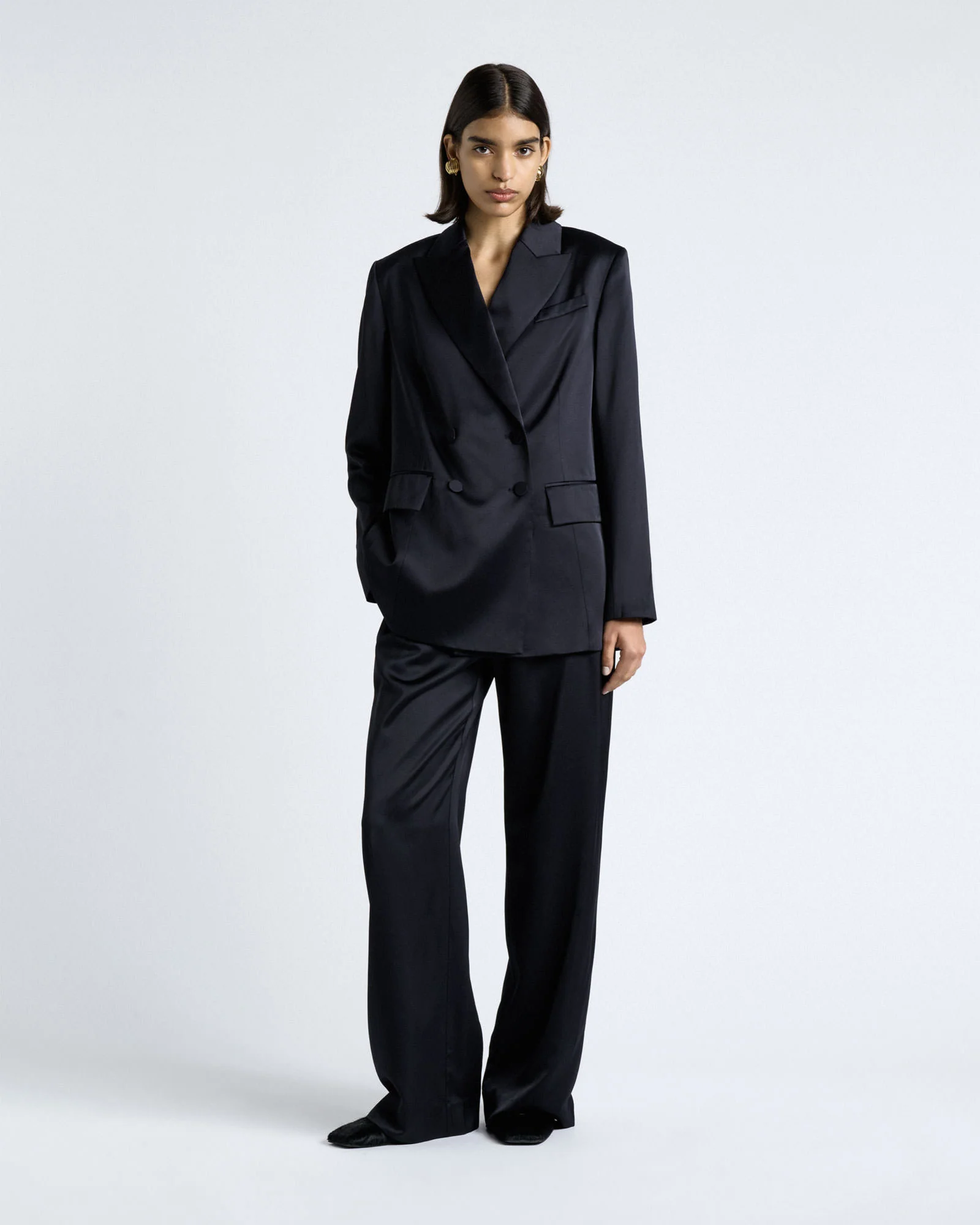 Dark Ink Matte Satin Viscose Double Breasted Blazer