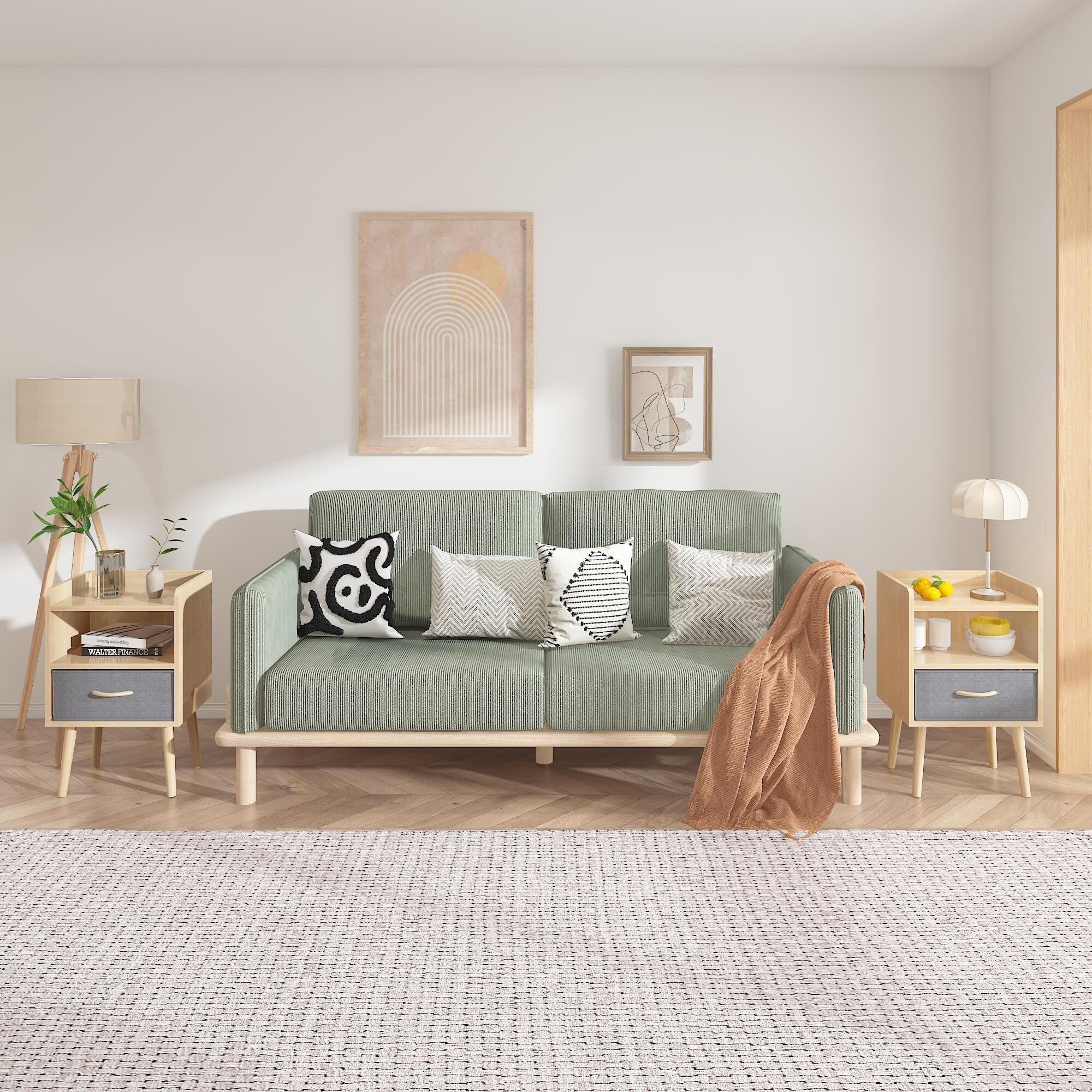 Set of 2 Nightstand with Collapsible Fabric Drawers, 2-Tier Storage End Table, Wooden Bedside Table with Open Shelf