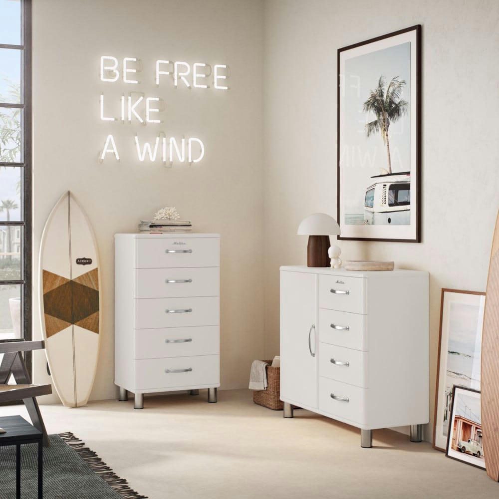 MALIBU - Buffet vintage 1 porte 4 tiroirs L98cm blanc cassé