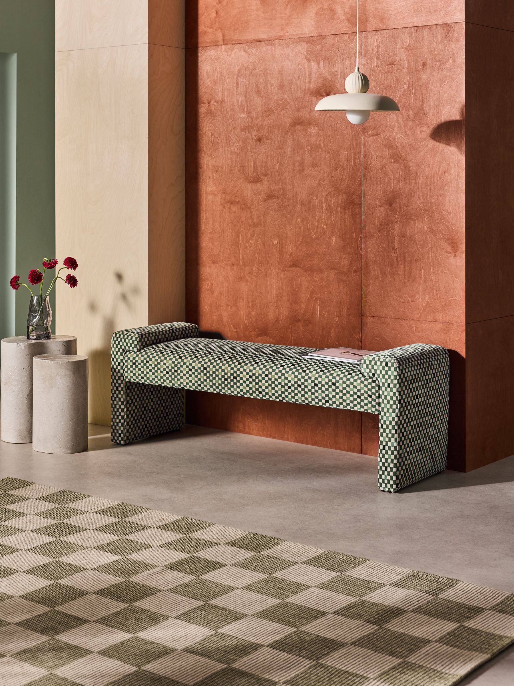 Brixton Bench in Green Checked Velvet
