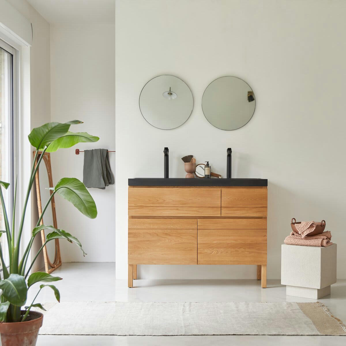 EASY - Meuble salle de bain en chêne massif et pierre de lave 120 cm