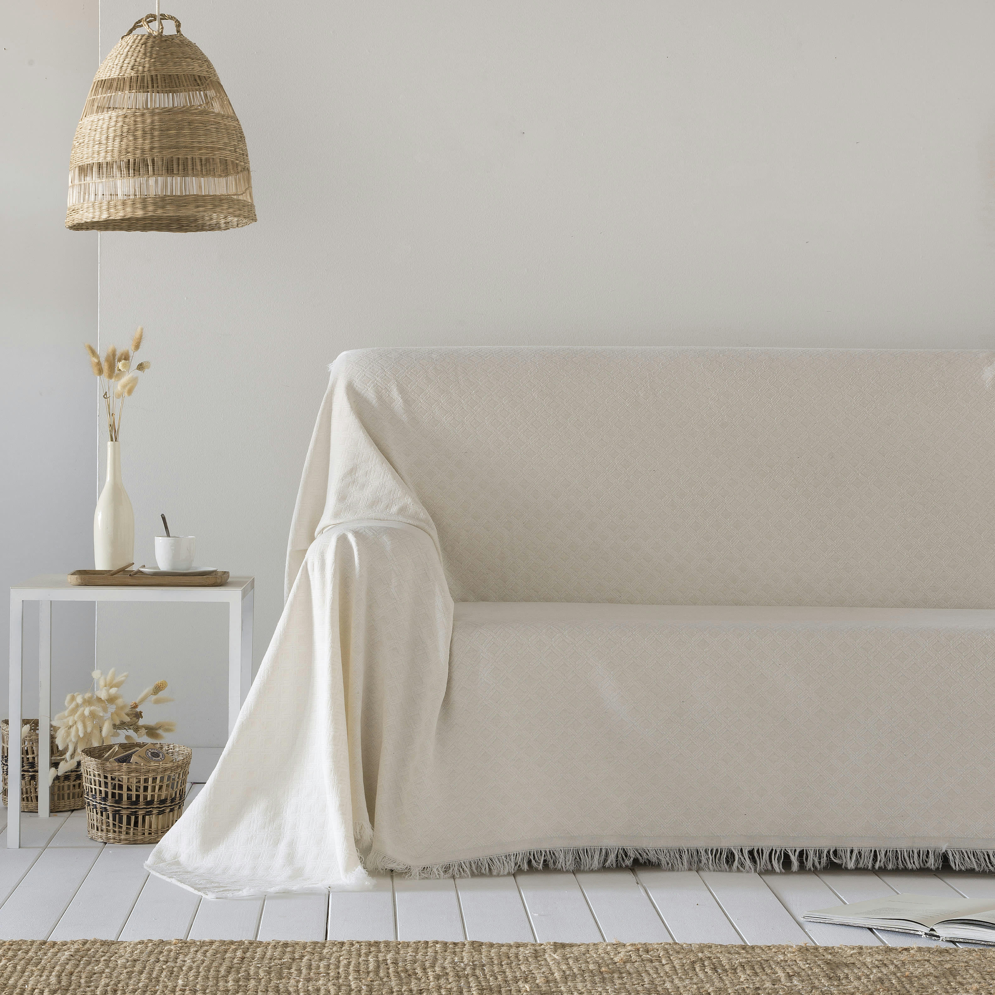 ANNA - Plaid en coton écru motifs graphiques 180x290