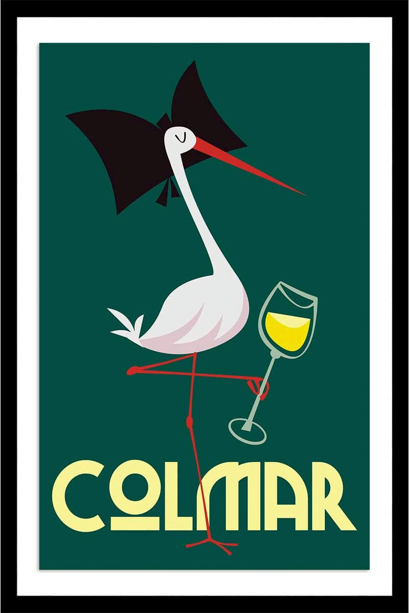 - Affiche cigogne de Colmar avec cadre noir 40x60 cm
