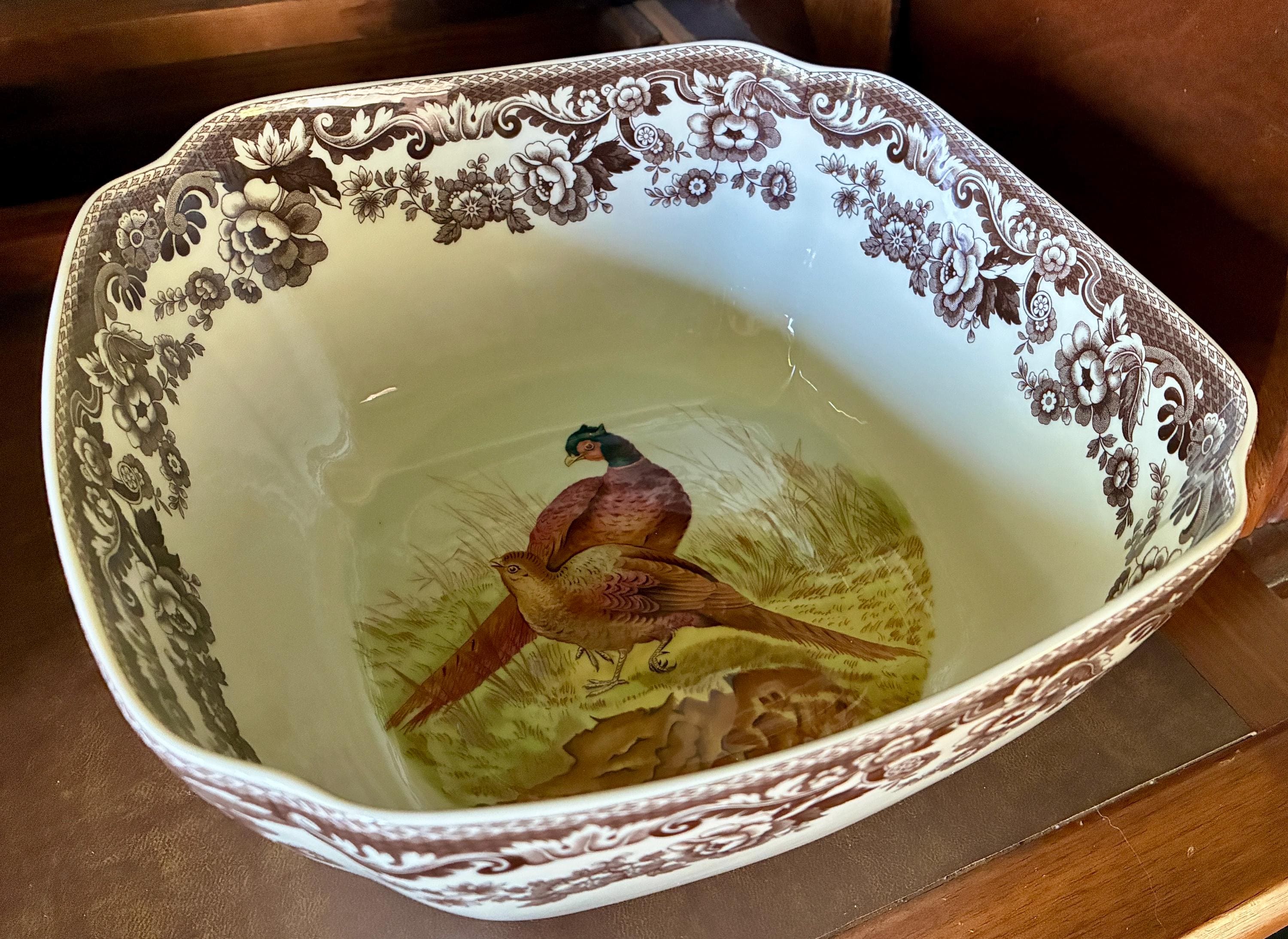 Spode Woodland Pheasant Deep Square Serving Bowl 10” Brown Transferware S3422-A15