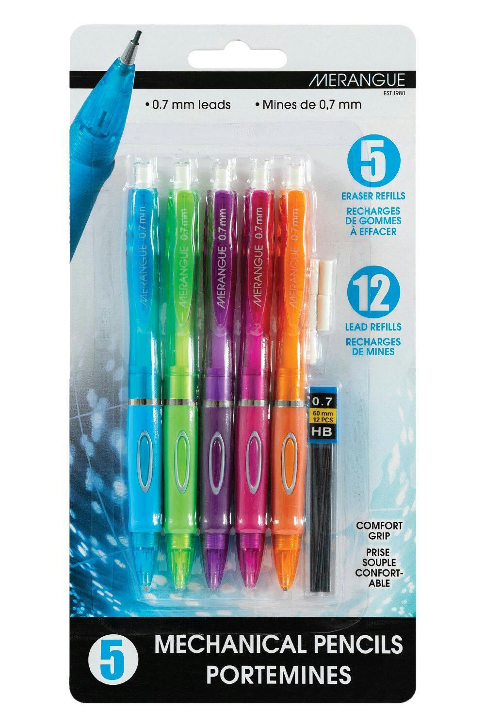 Merangue Side Click 0.7mm Mechanical Pencils, with Eraser and Lead Refills, 5 Pack
