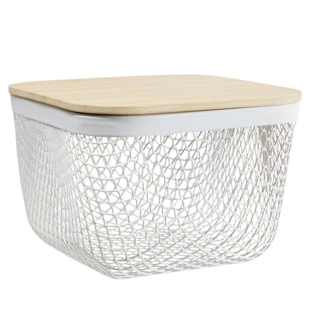 Corbeille cuisine 2L métal grillagé blanc avec couvercle bambou 15x15xH11cm