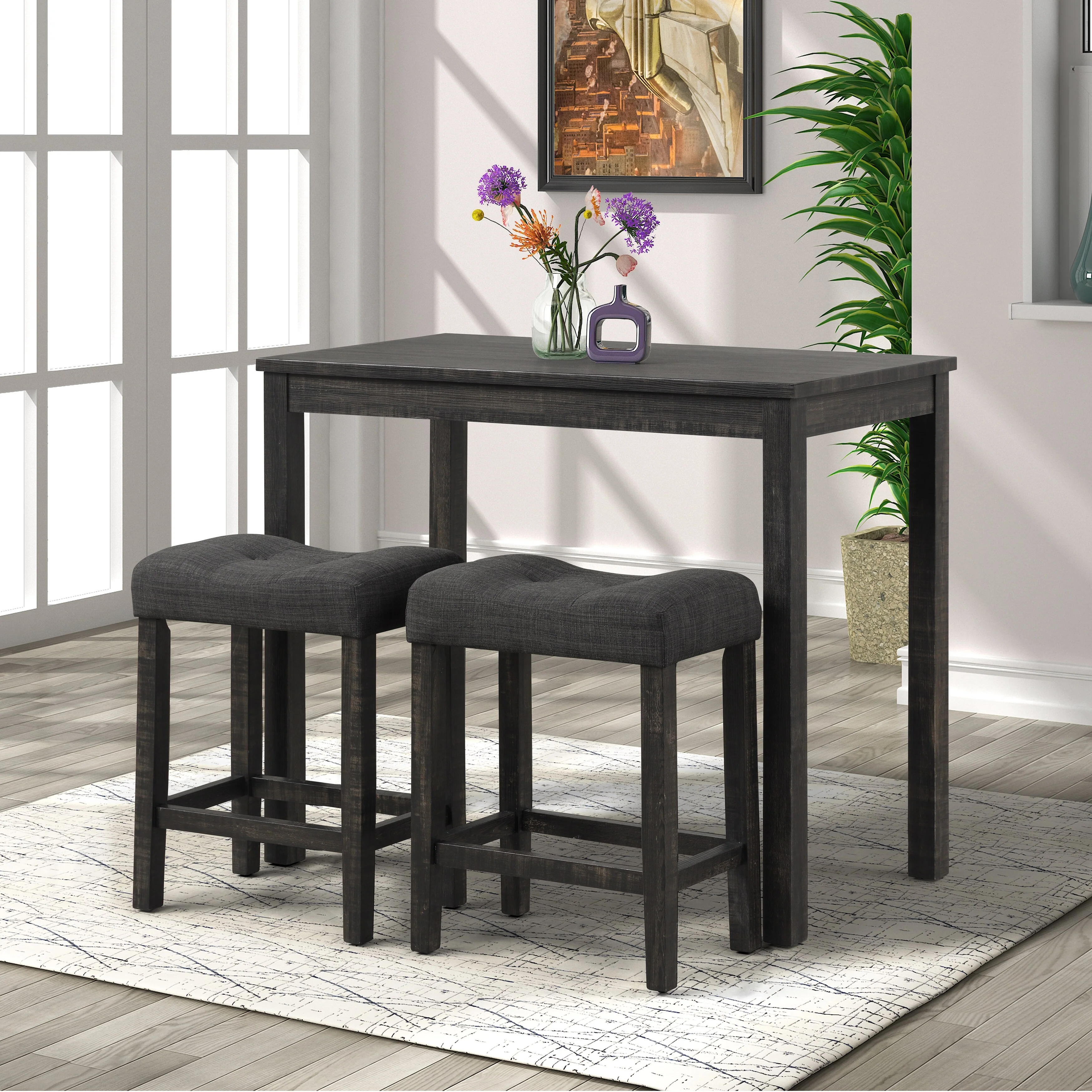 3 Pieces Counter Height Pub Table Set w/2 Button tufted Saddle Stools