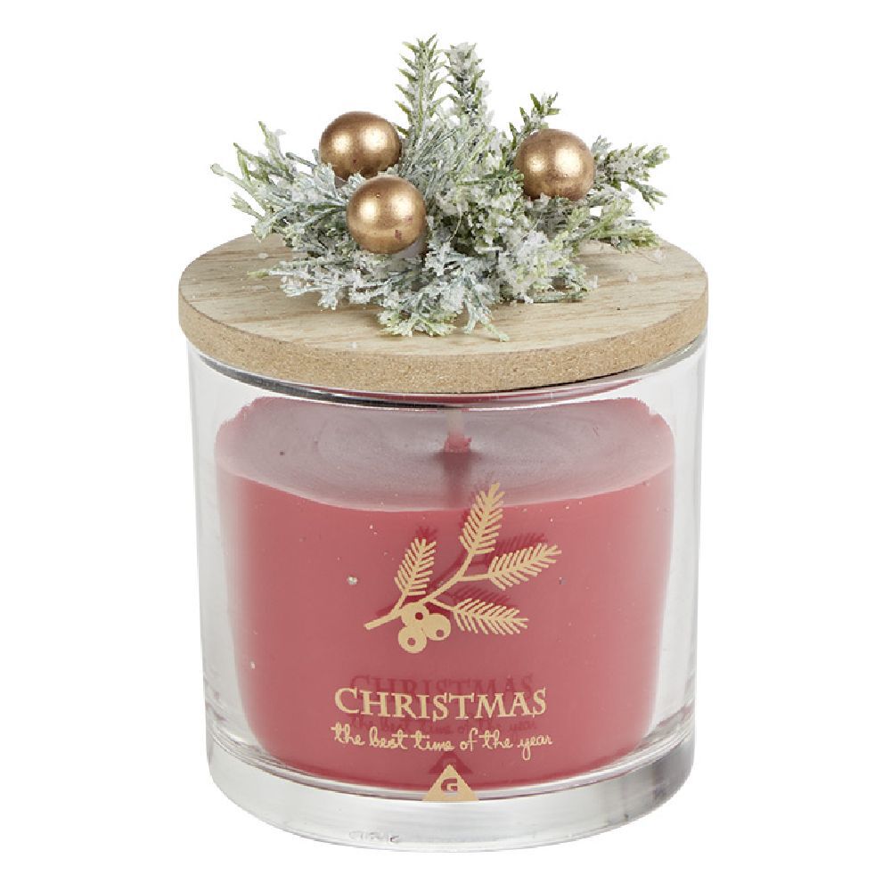 Bougie de No&euml;l rouge pot en verre couvercle bois senteur grenade 25H - Ø8xH7,5cm