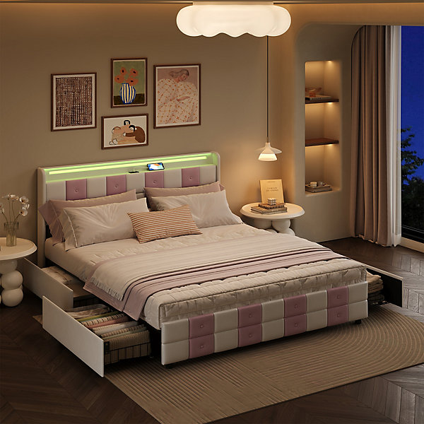 Lit 140x190 cm blanc/rose en velours avec 4 tiroirs, LED 7 couleurs, ports USB, confort et rangement, style moderne