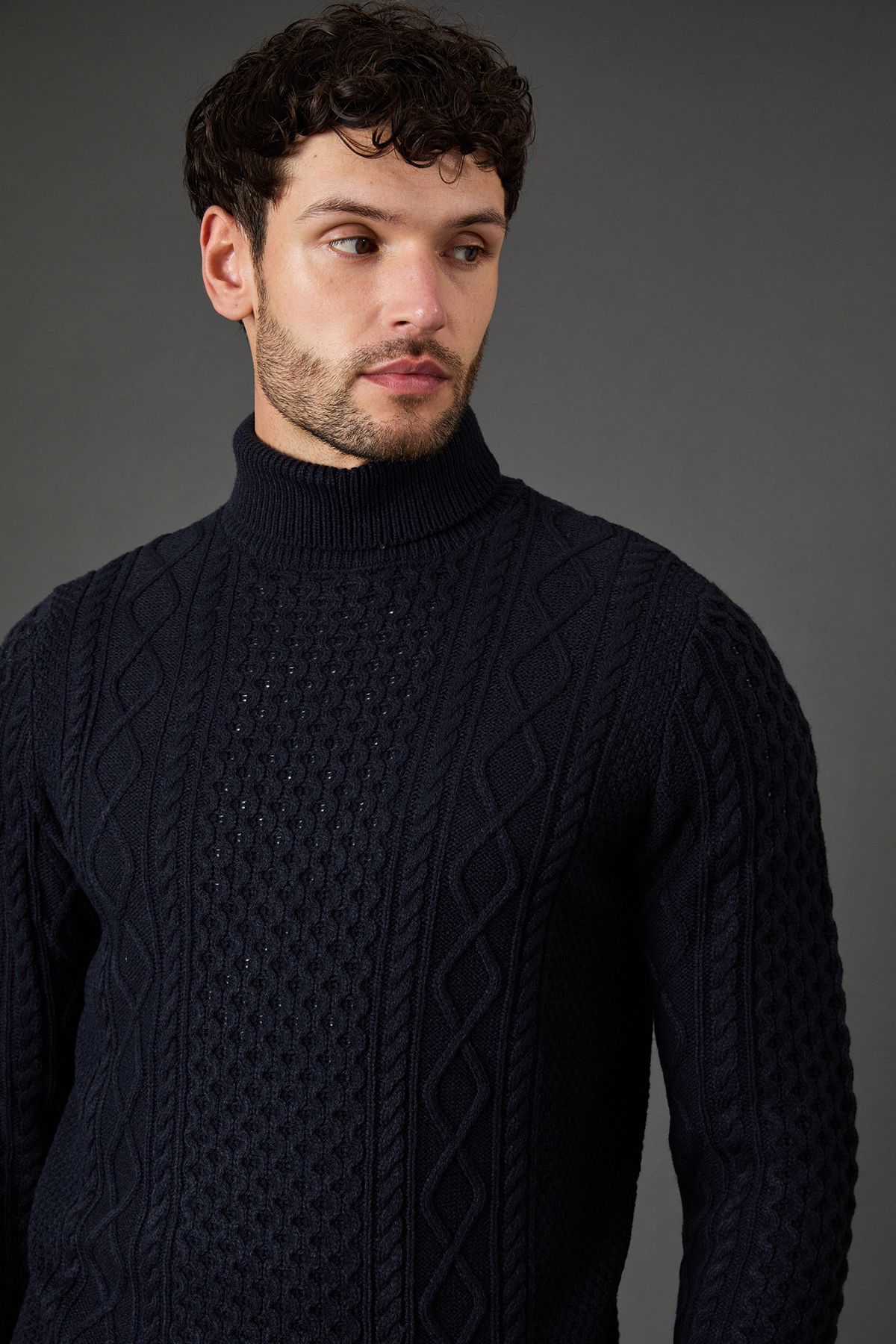 Burton Navy Chunky Cable Roll Neck Jumper