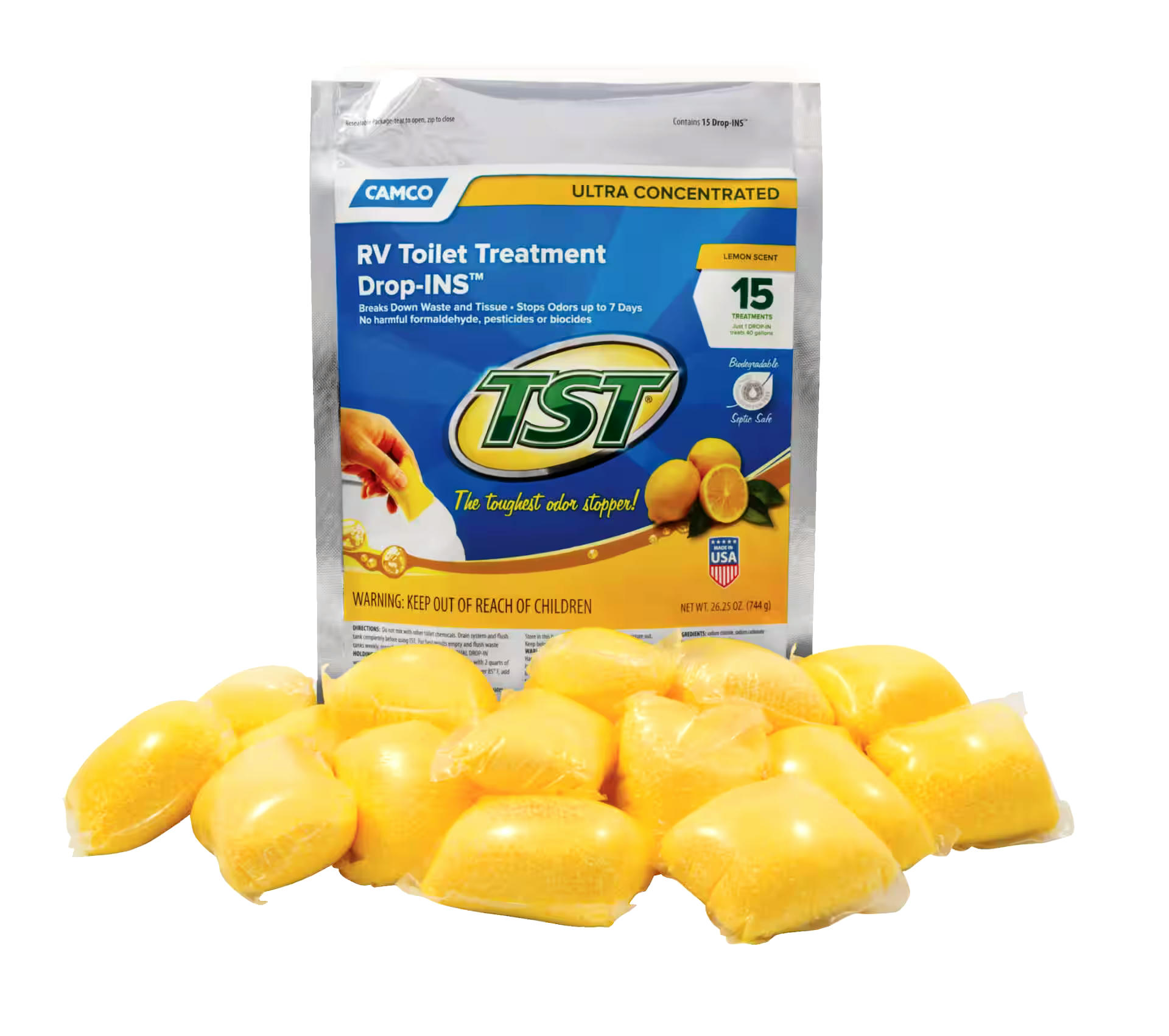CAMCO 41570 TST RV Toiler Treatment Drop-Ins, Lemon Scent, 15-pk