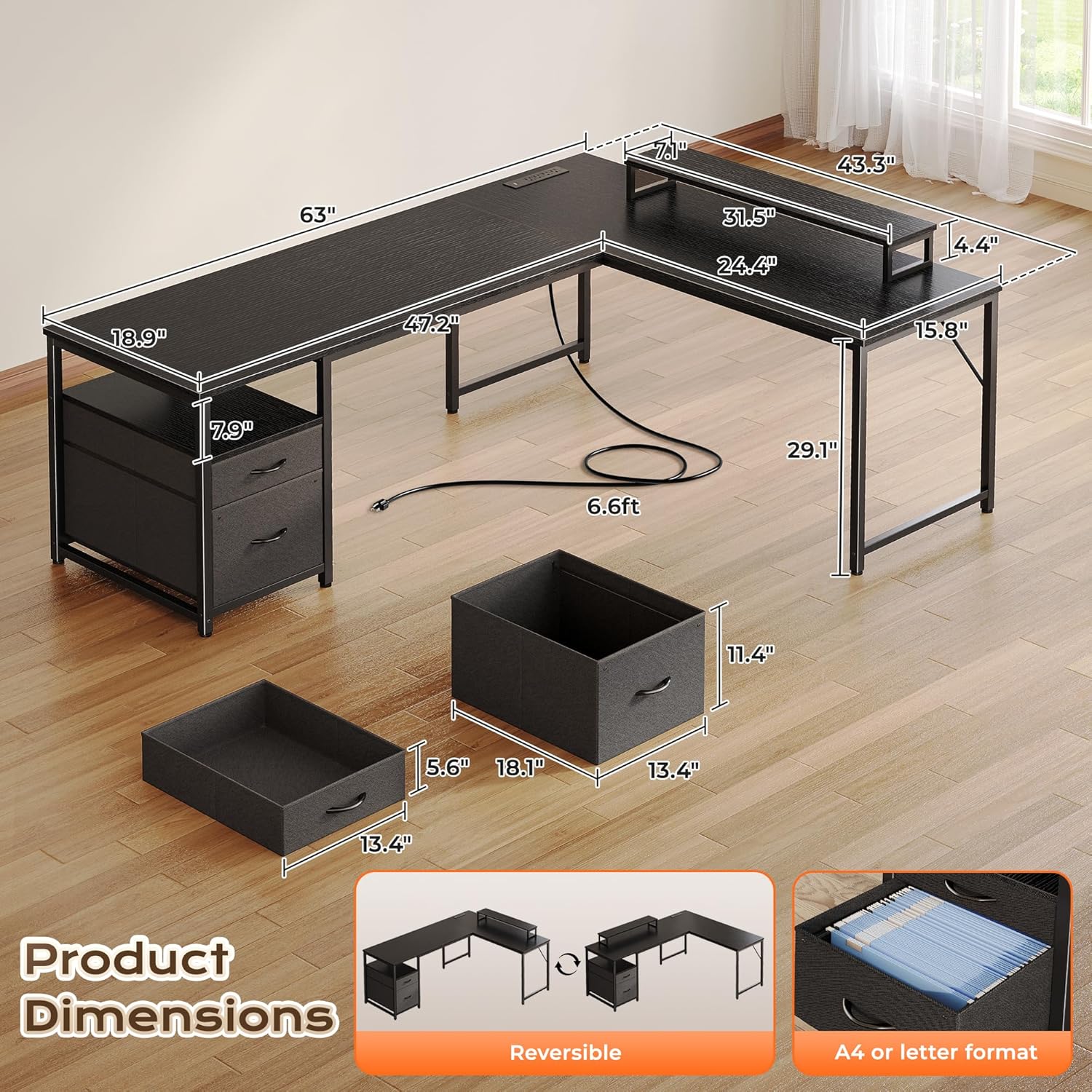 PRAISUN 63 Inch L Shaped Desk with Power Outlets and USB-C Port, Computer Corner Home Office Desk with File Fabric Drawers and Movable Monitor Stand, Larger Storage, Gaming, Writing, Work, Black